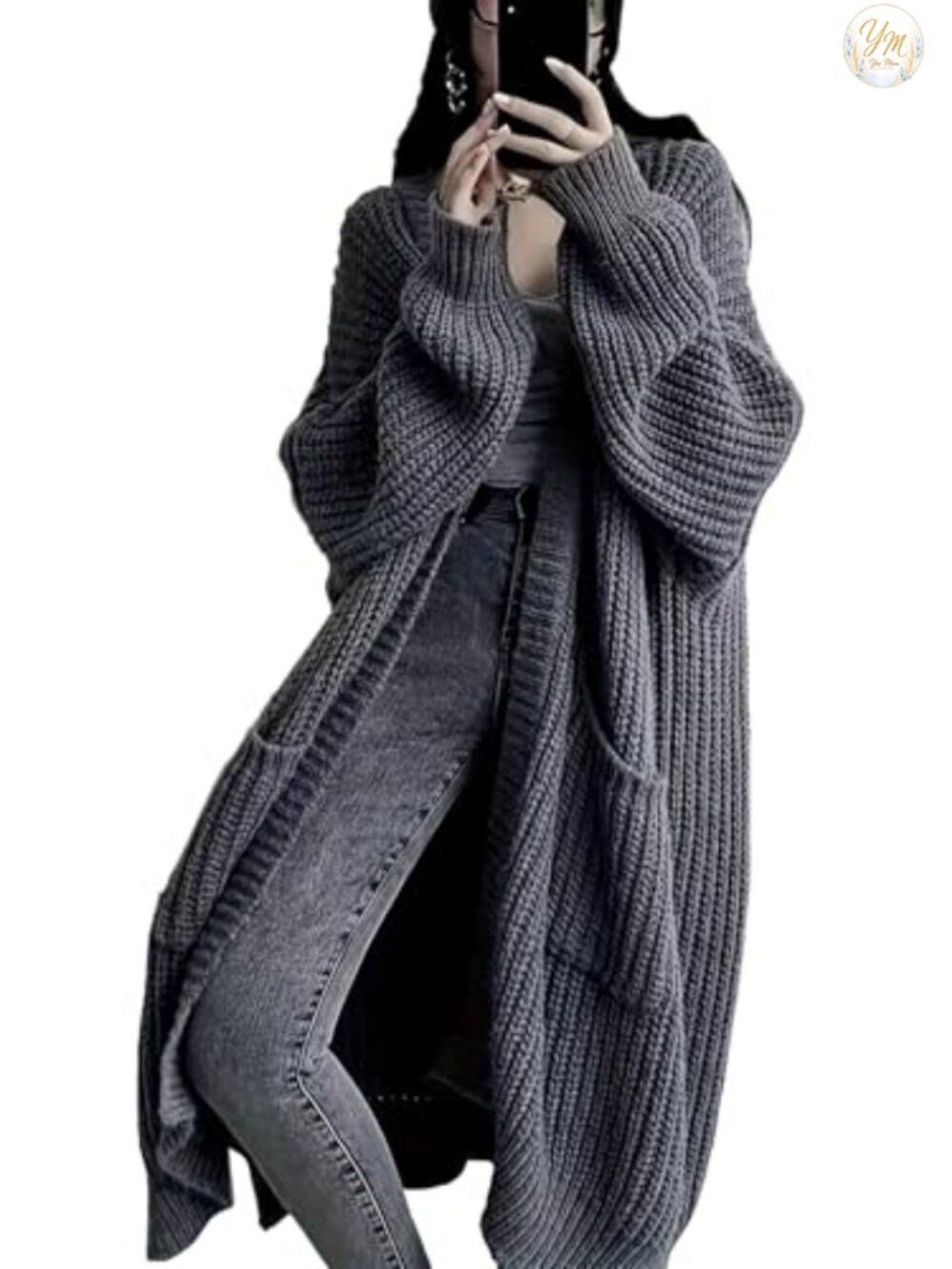 Chunky Cable Knit Long Cardigan Open Front Oversized Duster with Pockets